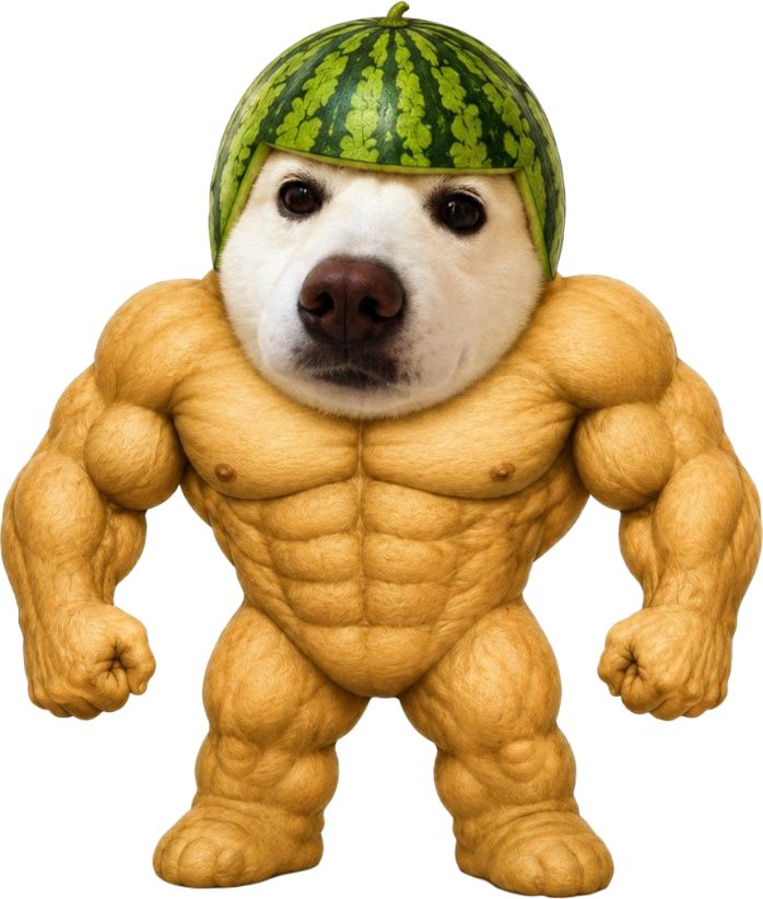 DUMBI, a muscular dog with a watermelon helmet
